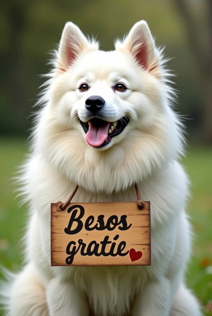 Create a Samoyed with a sign on his neck that says free kisses. This sign is written in Spanish and everything looks very real.