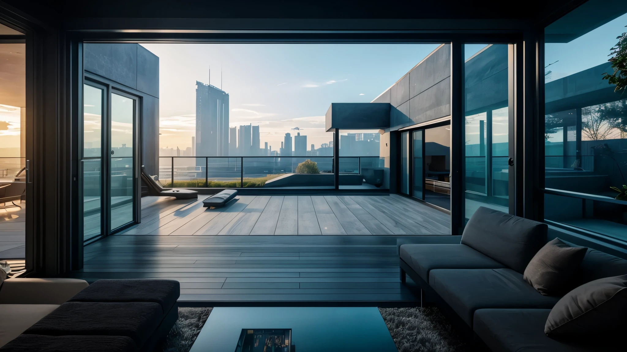 house, outside, architectual, scifi, cyberpunk, futuristic, hightech, daylight, wide angle, realistic view, ambient light, chilled ambient, year 2124, cinematic