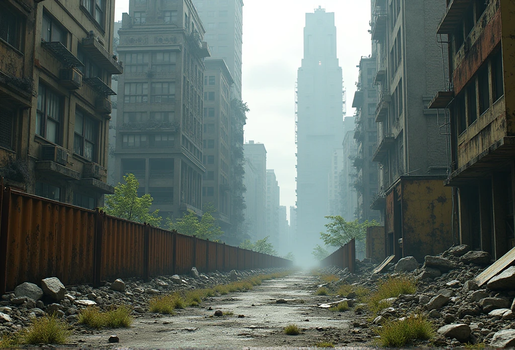 create a ruined city with barricades without people