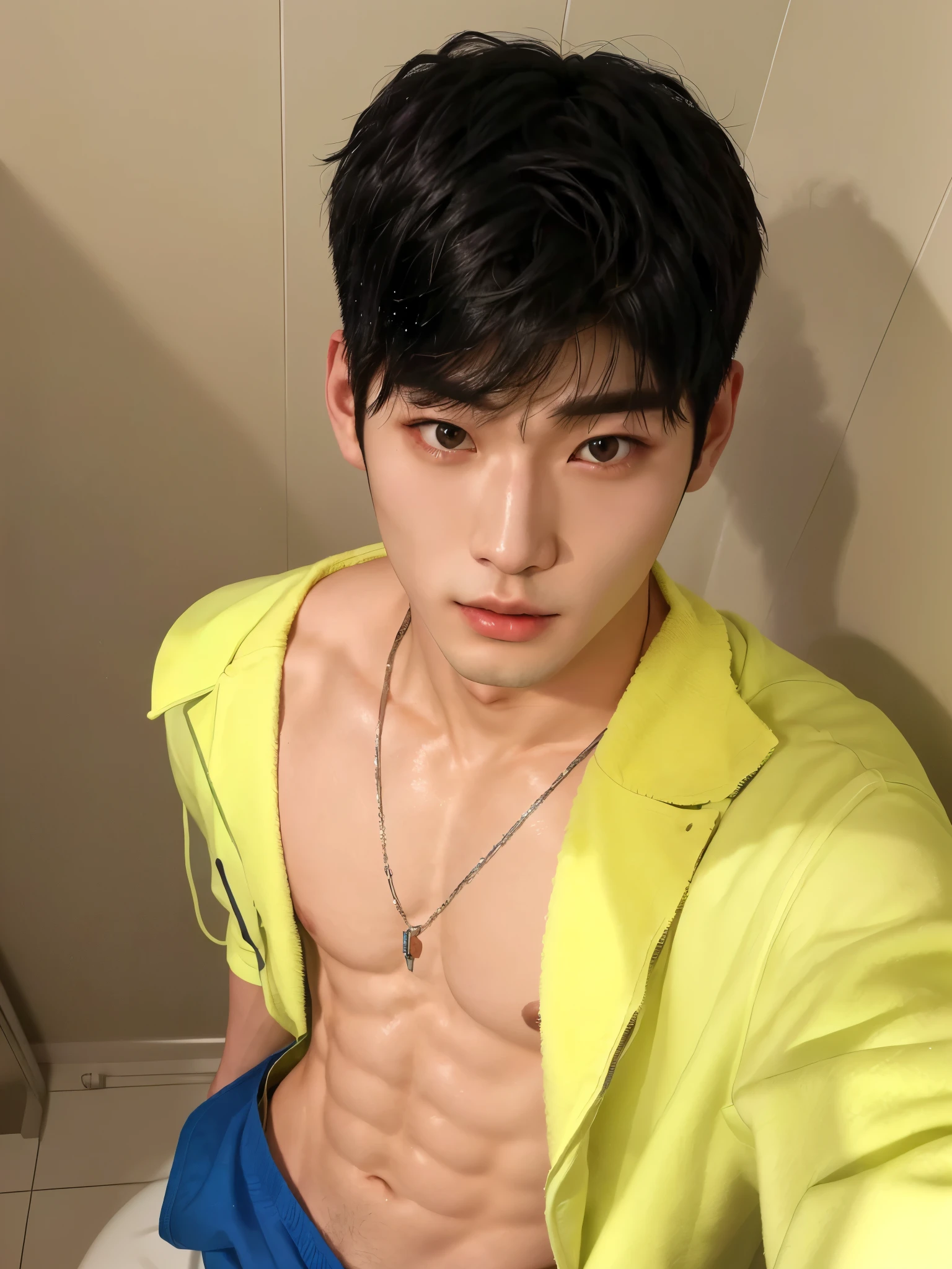 Shirtless Arafed man taking a selfie in a bathroom, Jinyoung Shin, who is siwoo, South Korean man, bright from the rain, Cai Xu Kun, Shinji, lee wonbin, Hyung Tae, Inspired by Zhang Han, Seseon Yoon, hong june hyung, korean muscle boy 2 1 years, Jaeyeon Nam, Kim Doyoung