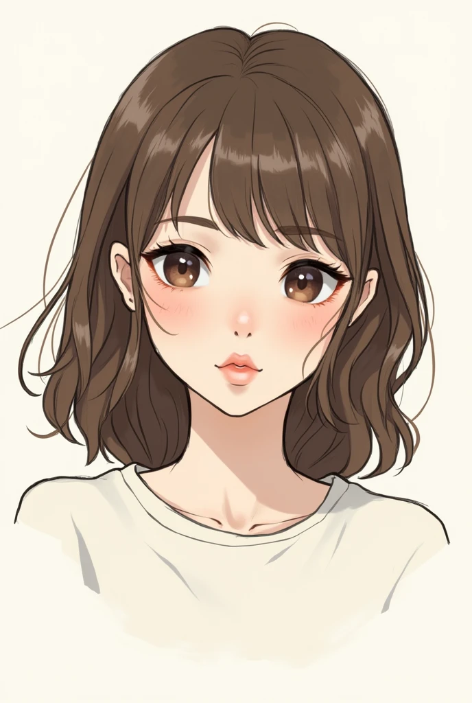create a drawing of a girl with medium long hair, like shoulder length but a little longer and layered, straight eyebrows dark brown hair, big eyelashes, medium-sized lips, not realism, a drawing with lines, 2d
