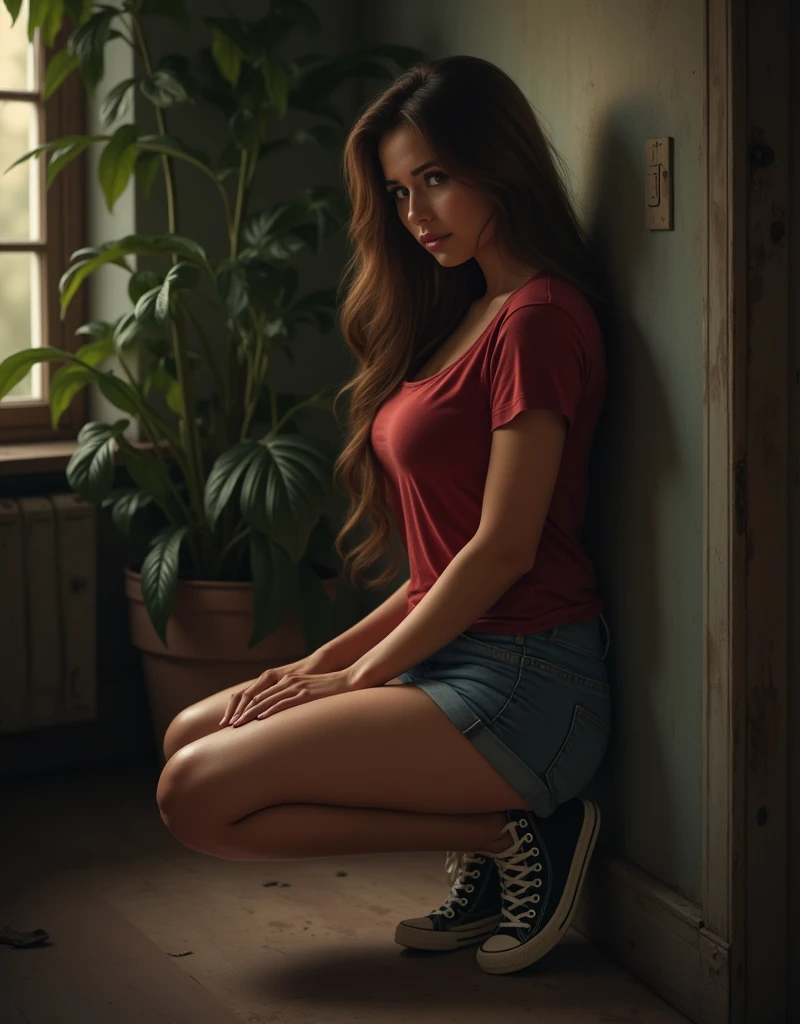 (photorealism:1.2), beautiful woman, brown hairstyle, looking at the floor, perfct hands, sad face,  in a very dark room, abandoned building, lyning on the wall, wearing a very short pant, all star shoes, red t-shirt, big breasts, long  hair, indoors, soft lighting, plants in background, window with very soft sunlight, cozy room, relaxed pose, realistic, intricate details, warm colors, with her opened legs