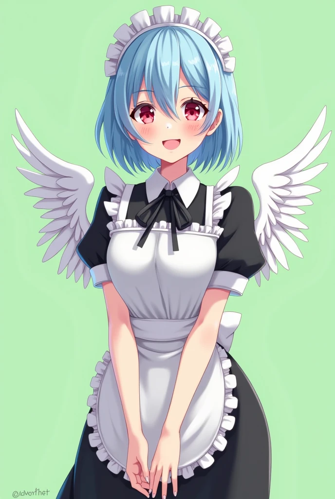 Maid cafe maid with short blue hair, Red eyes, a sensual and happy expression, age range between 18 and 26 years, with angel wings, black uniform, anime style completely in 2D, with pastel colors, with a completely flat and green background