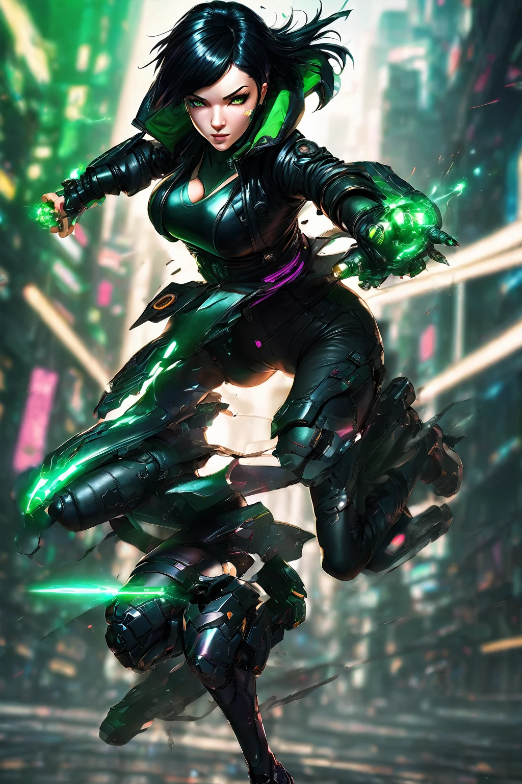 cyberpunk girl wearing a black leather jacket, short hair, black hair, League of Legends VI style haircut, half human half cyborg, pretty girl, green eyes, full body view, frontal view, left hands are closed like fist punch, action move, fight scene, punch power, background white