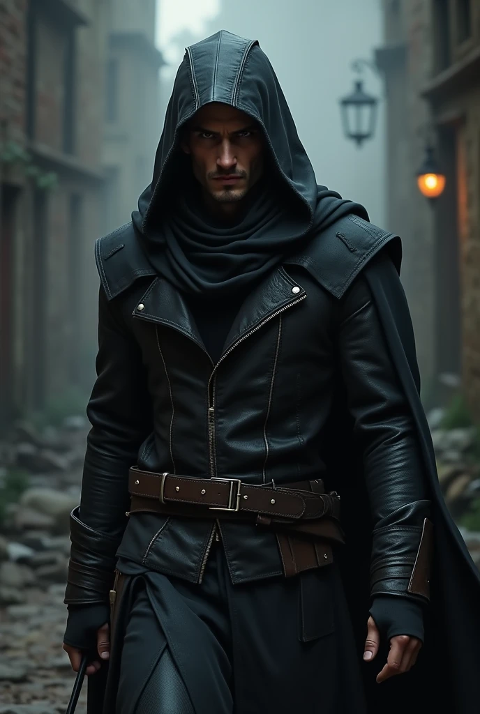 human rogue man in leather outfit with black hood