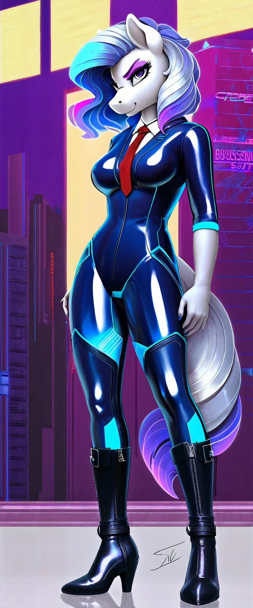 a ((full body)) cartoon picture of an anthropomorphic, android (((pony:0.9))), cyberpunk style, (((shiny latex cyberpunk business suit and tie:1.5))), (((high heeled boots))), generic MLP style, professional drawing, female anthro pony, medium breasts, ((frowning:1.0)), metallic purple eyeliner, (((semi realistic cream white fur))), (((detailed eyes:1.0))), ((electric blue colored cyberpunk mane and tail with violet tips)).