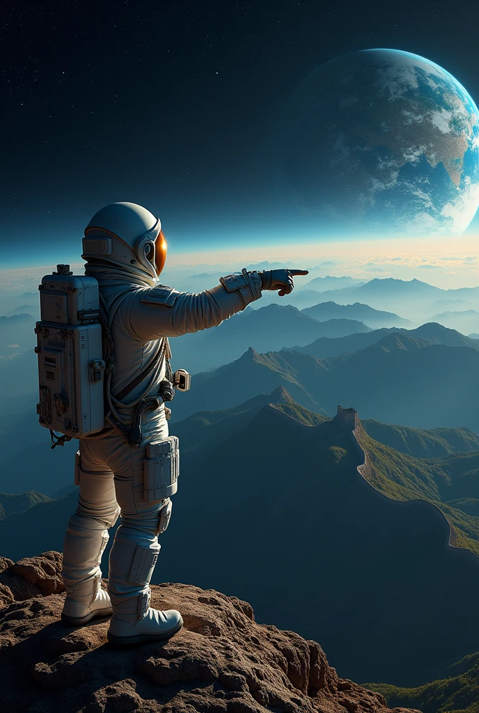 An astronaut pointing to Earth and showing the Great Wall of China