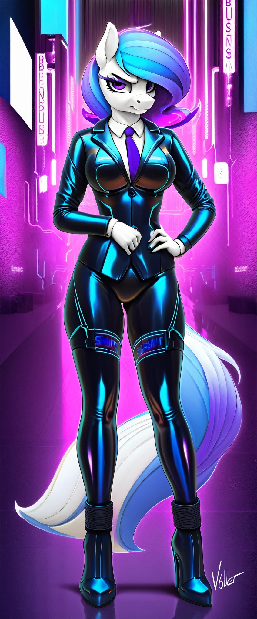 a ((full body)) cartoon picture of an anthropomorphic, android (((pony:0.9))), cyberpunk style, (((shiny latex cyberpunk business suit and tie:1.5))), (((high heeled boots))), generic MLP style, professional drawing, female anthro pony, medium breasts, ((frowning:1.0)), metallic purple eyeliner, (((semi realistic cream white fur))), (((detailed eyes:1.0))), ((electric blue colored cyberpunk mane and tail with violet tips)).