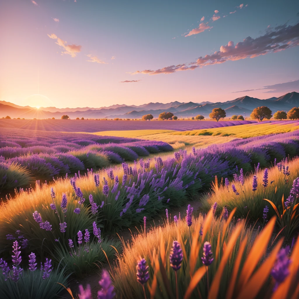 grass field somewhat with a lavender with orange gradient image filter
