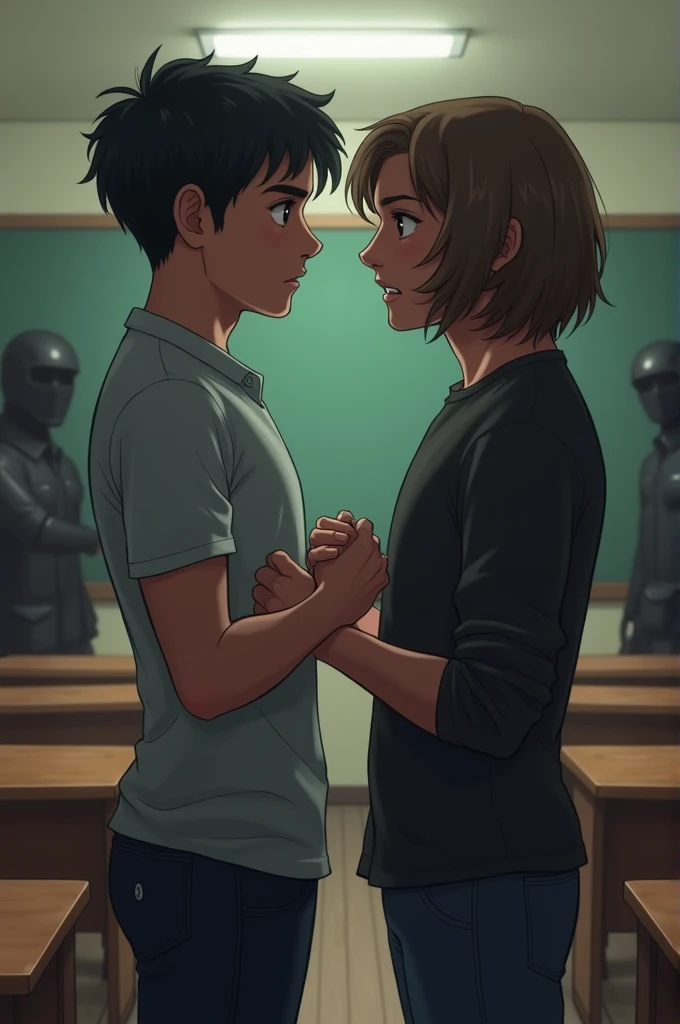 A couple of boyfriends being harassed in the classroom