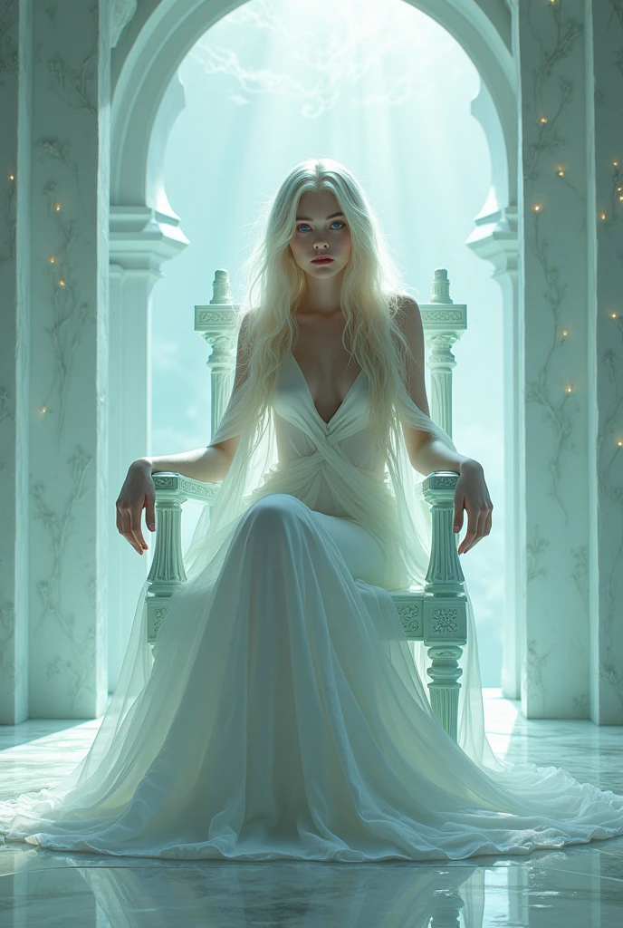 Uma mulher sentada em um trono de vidro em um castelo onde as paredes são totalmente transparentes ela é loira com olhos brancos e pele muito clara
