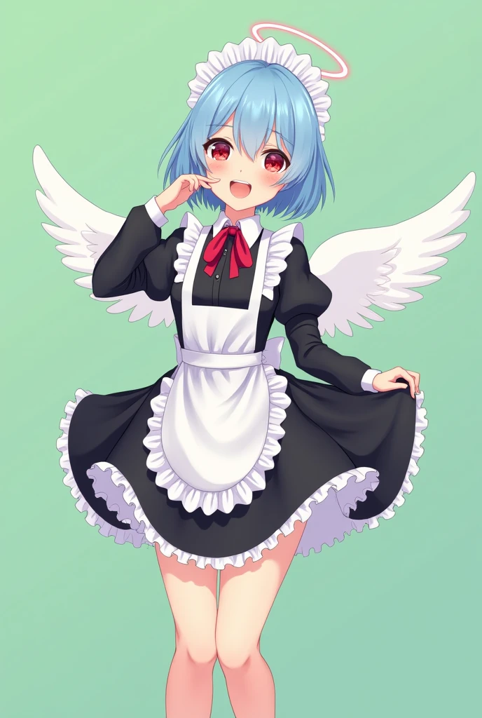 Maid cafe maid with short blue hair, Red eyes, a sensual and happy expression, age range between 18 and 26 years, with angel wings, black uniform, anime style completely in 2D, with pastel colors, with a completely flat and green background