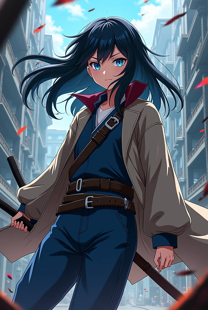an oc that has characteristics of Rengoku and Tokito from demon slayer, that she is a woman with black hair and blue eyes and normal hunter clothing not so sexualized that she has the same type of drawing as the anime
