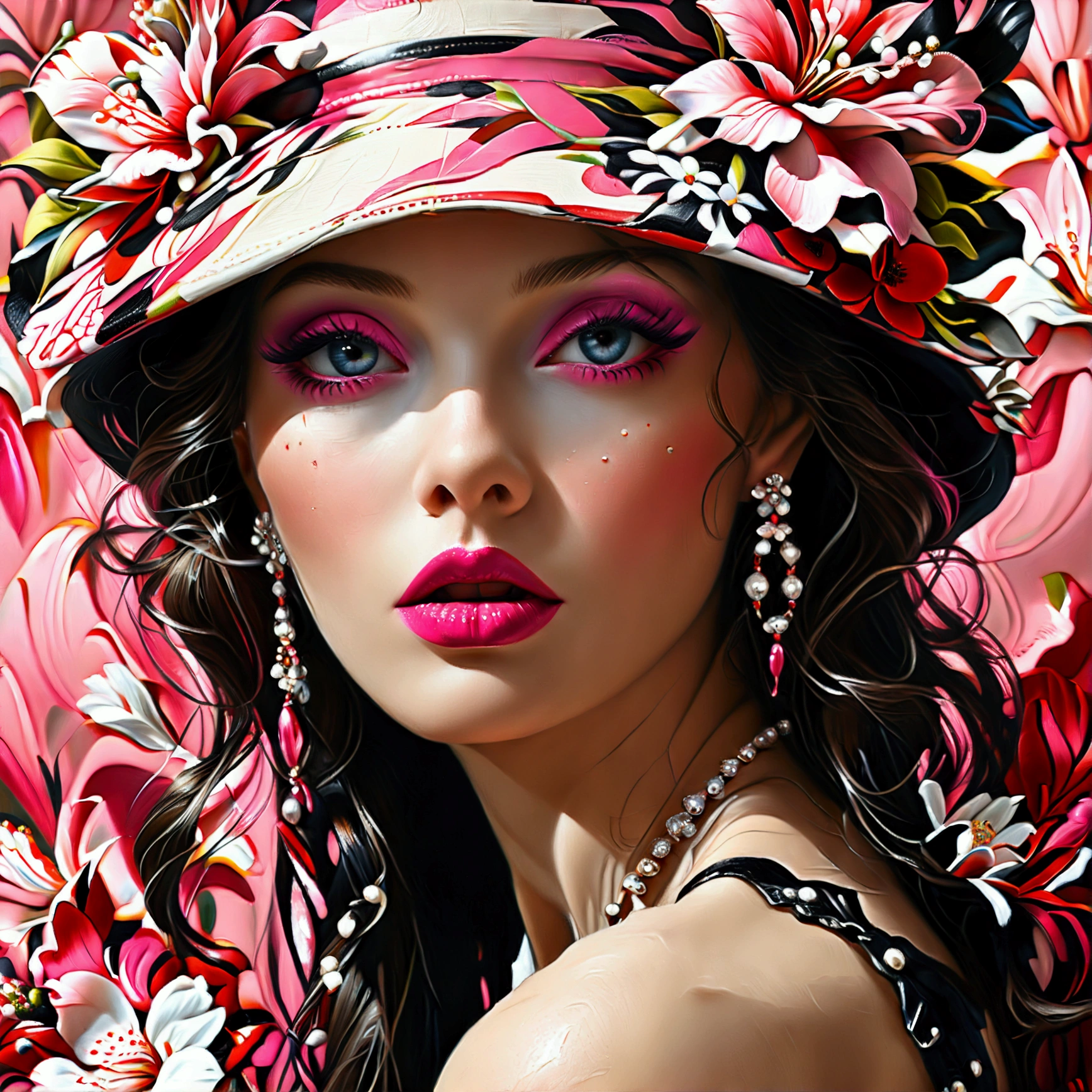 A captivating, vibrant oil painting of a woman's face with a striking emphasis on her bold, deep pink lips and nails. Her eyes are partially hidden by a stylish, pink and black striped hat adorned with a delicate flower. Her eyes peek out from the hat, exuding confidence. Pink and black leather gloves complete her bold ensemble, while her lips are framed with a precise black liner. The vivid color palette of pink, black, and white creates a striking contrast, making this painting a true work of art., painting, full body, physically-based rendering,professional,studio sunlighting,extreme detail description,nsfw,massif high saturate, insane (max best quality),(insane best details),(insane realistic),(insane masterpiece:1.2),ultra-detailed,(insane raw realistic:1.37),insane professional photorealistic,(insane photo-realistic:1.37),HDR,DSLR,studio lighting,ultra-fine real-life,sharp focus,physically-based rendering,extreme detail description,professional,vivid colors,portrait,concept art,hyperrealistic,varies,multi,etc. --v 6 --s 1000 --c 20 --q 500 --chaos 100