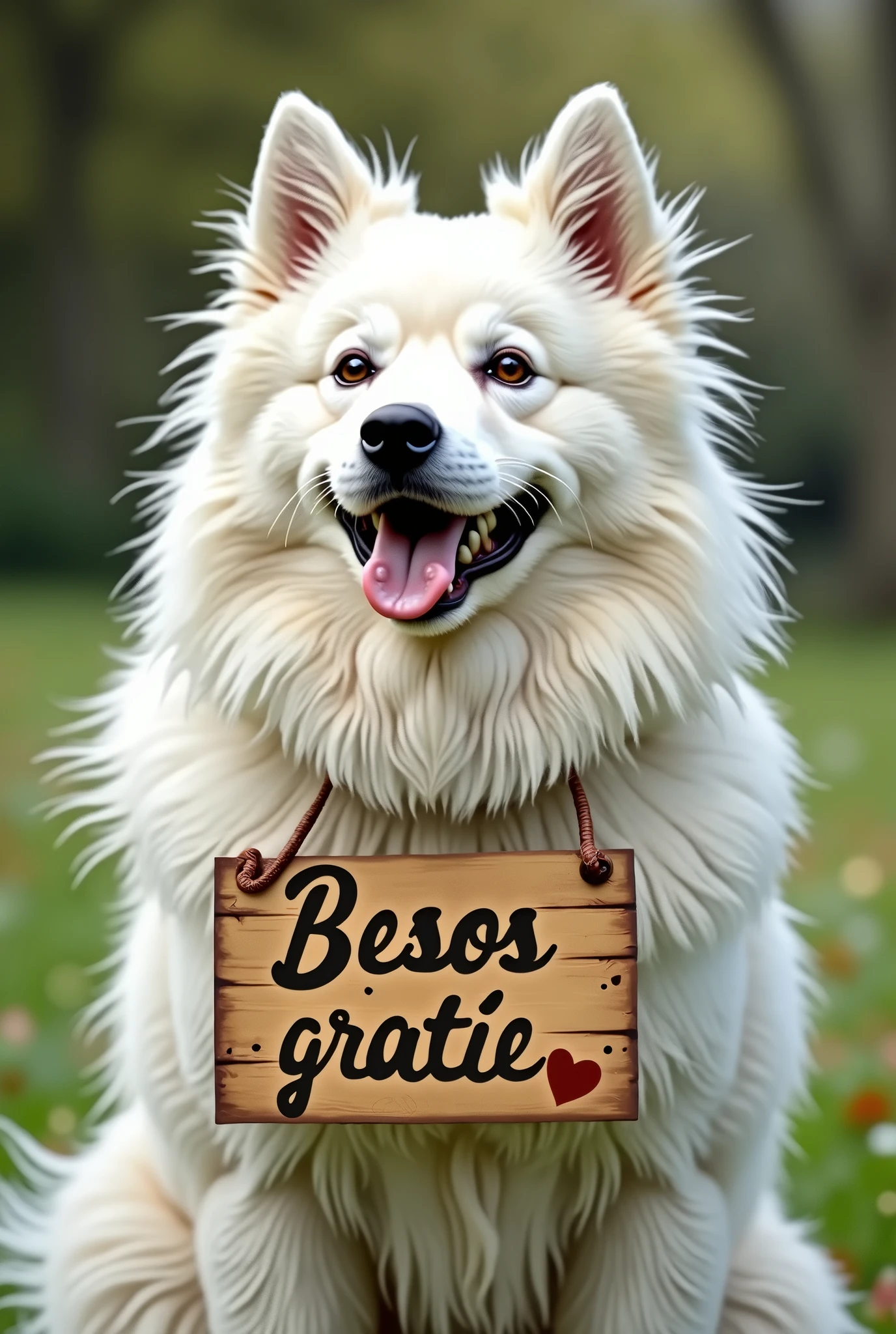 Create a Samoyed with a sign on his neck that says free kisses. This sign is written in Spanish and everything looks very real.