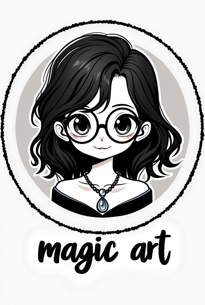 A company logo, round stamp type, have a cute and sexy magician with a medium magician hat (the round hat that magicians wear). With black wavy hair but with two very noticeable white streaks in front of his head, from his forehead. With elegant oval glasses, with a necklace attached to her neck and a pendant with a precious stone. All this in black and white, that has a design designed to be printed. And that around there are ONLY the words "Magic Art"