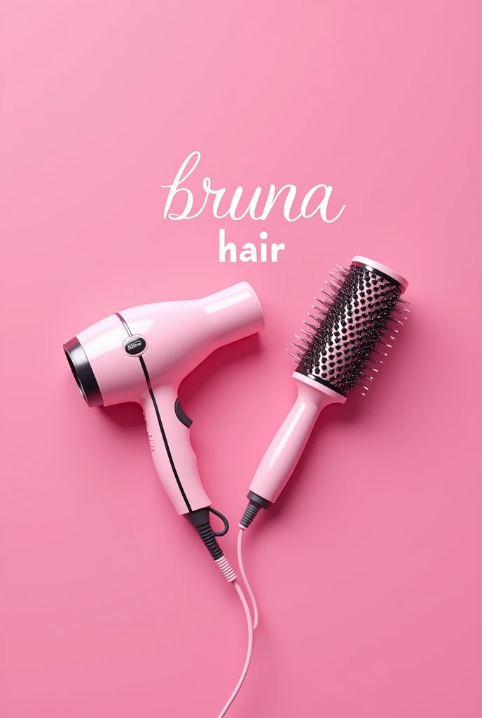 Make me a picture of a hair dryer and a hairbrush with a pink background, Written "Bruna hair" with ultra quality