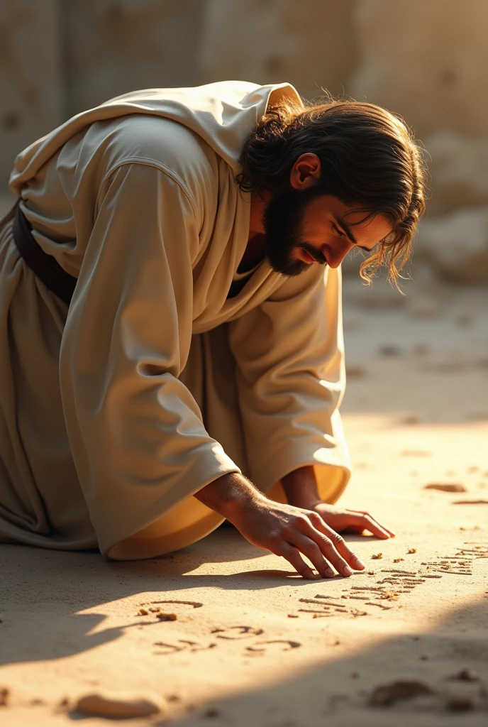 Create an image where Jesus bent down again and wrote with his finger on the ground.