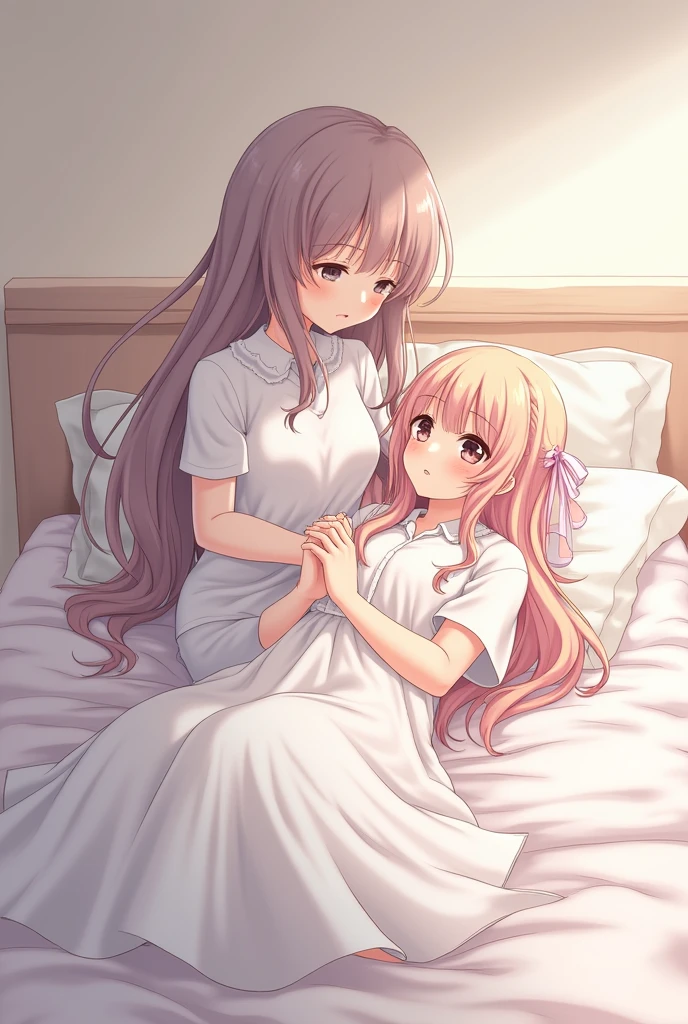 
an anime girl sitting on top of another anime girl lying on the bed