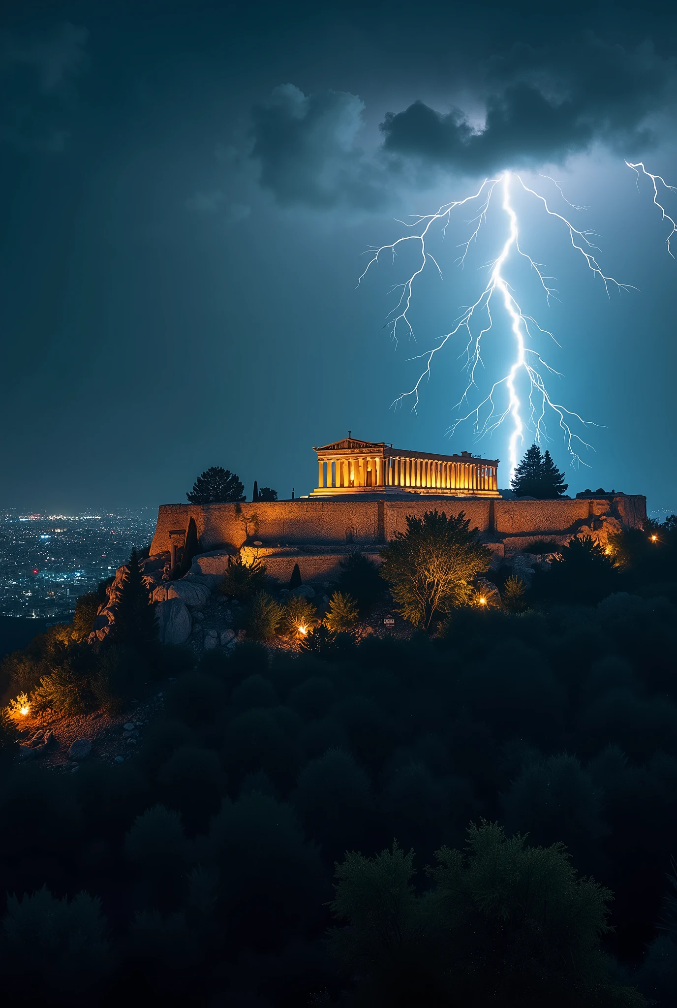 A stunning nighttime drone photo of the Acropolis in Athens, illuminated by dramatic bolts of lightning. The ancient ruins stand tall against the dark sky, their stones glowing ominously from the storm. The Parthenon and other monuments are clearly visible, despite the chaotic patterns of lightning. The city of Athens spreads out below, a mix of modern and ancient structures bathed in the eerie light of the storm., photo