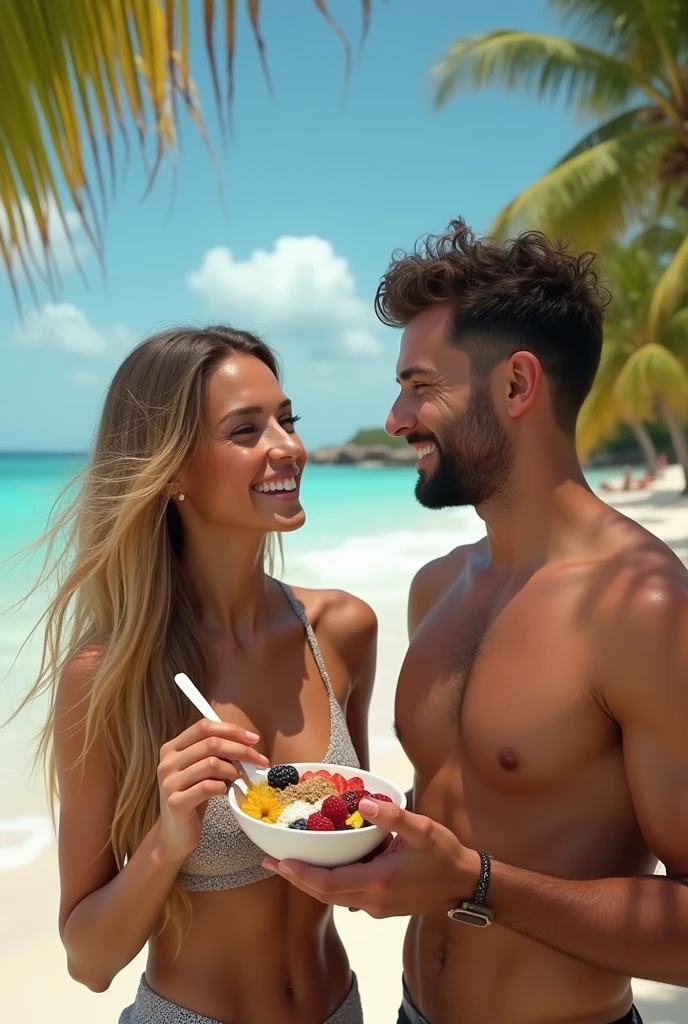 Realistic Man and Girlfriend 25-35 years old, On the Caribbean beach, blonde hair, brown eyes, eating acai , with friends Ultra HD, high qualiy, best qualityer, high resolution, 8k, 16K