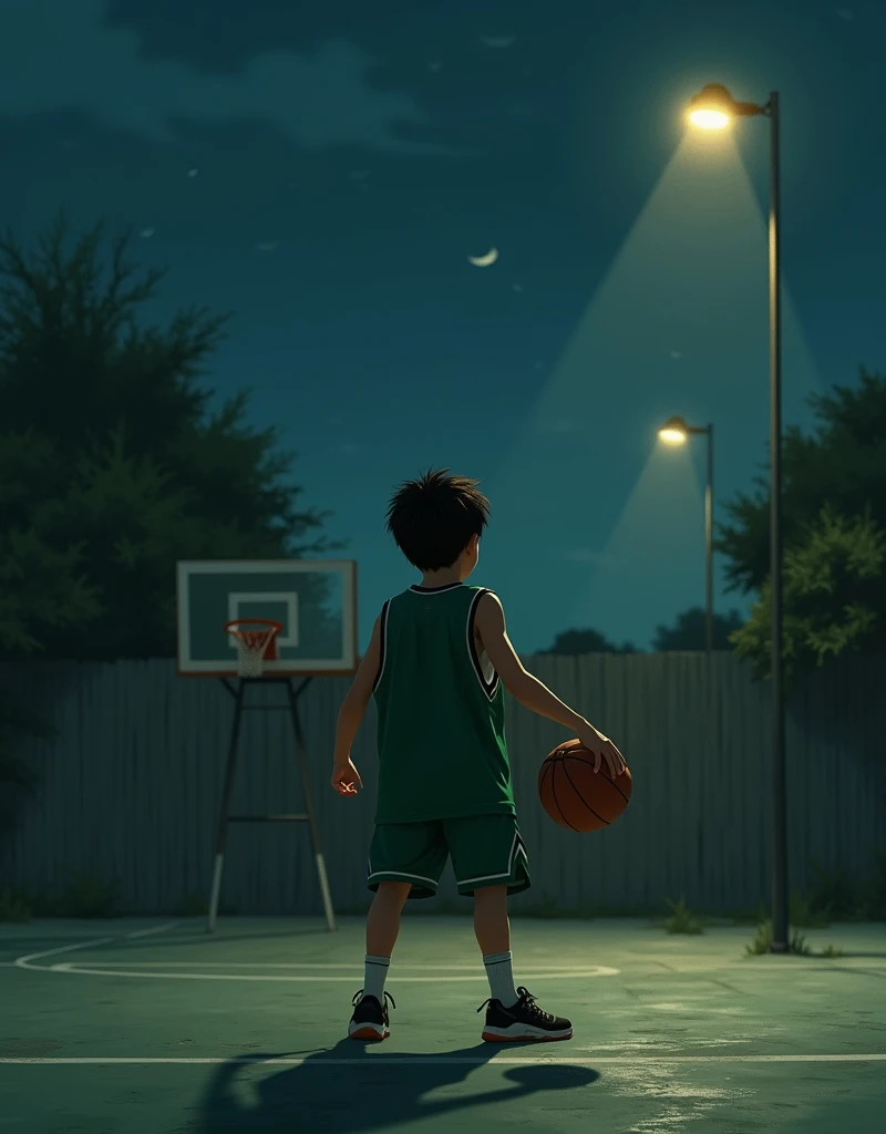 Boy on a basketball court at night, with a green oversize