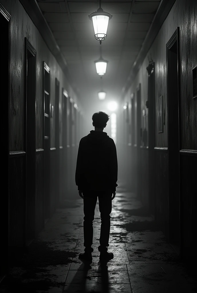 Can you show me a picture of a young man in a dark school like it's a horror movie only in black and white??