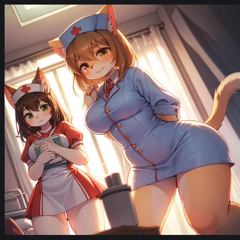 Make a harem of 4 girls wearing hats with different hair colors and wearing pajamas and showing their nipples
