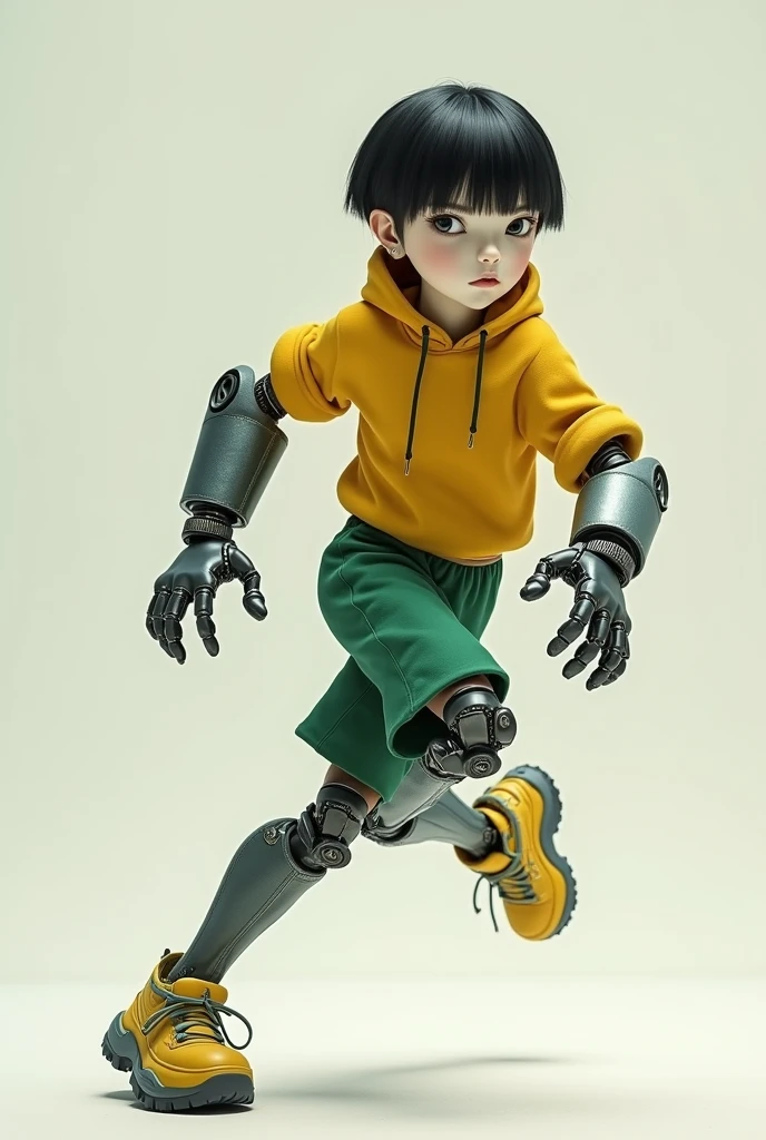 16 year old girl, blind, with a very serious face, with giant robotic hands, yellow and green clothing, Running to the right, very white and light skin, dull grey eyes, very dark black short hair