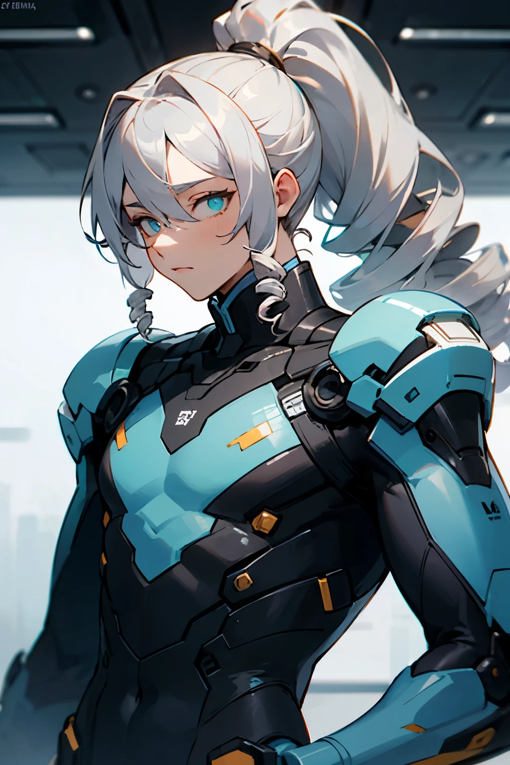 ((best quality)), ((masterpiece)), (detailed), male, long hair, silver hair, drill ponytail, cyan eyes, technology, futuristic clothes