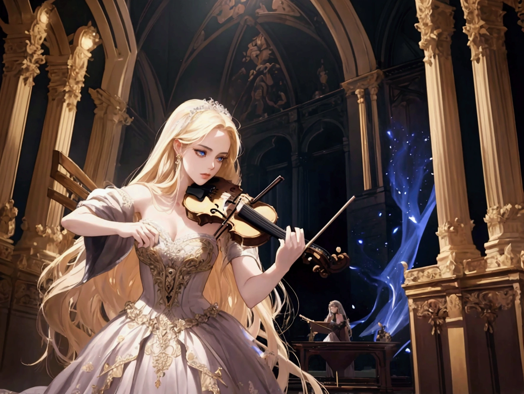 beautiful woman with violin in an epic orchestra, long flowing hair, piercing eyes, dramatic lighting, ornate dress, bridal gown, gorgeous background, digitl art, cinematographic, hyperdetailed, 8k, photorrealistic