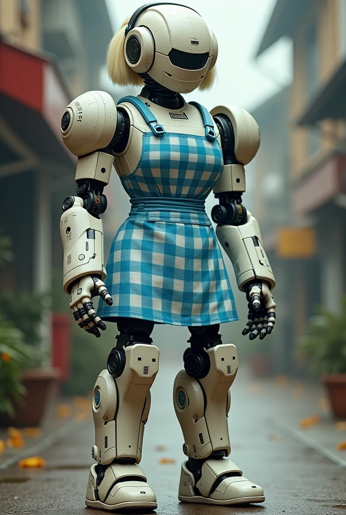 A hudge and badass medicine girl robot with a  blue gingham apron and a wig