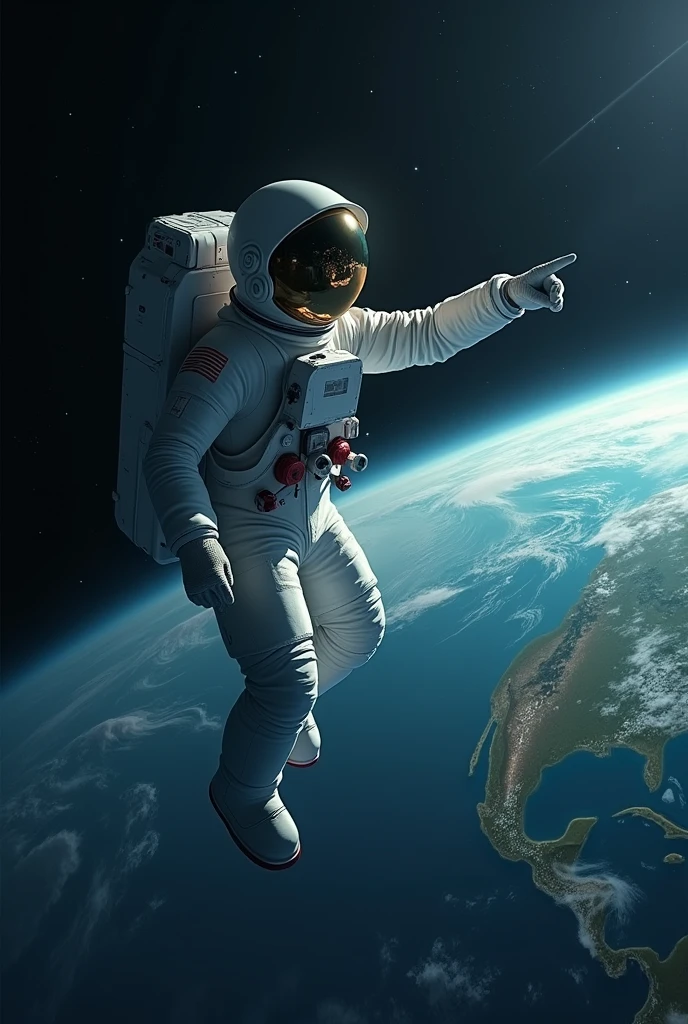 An astronaut in orbit pointing to earth