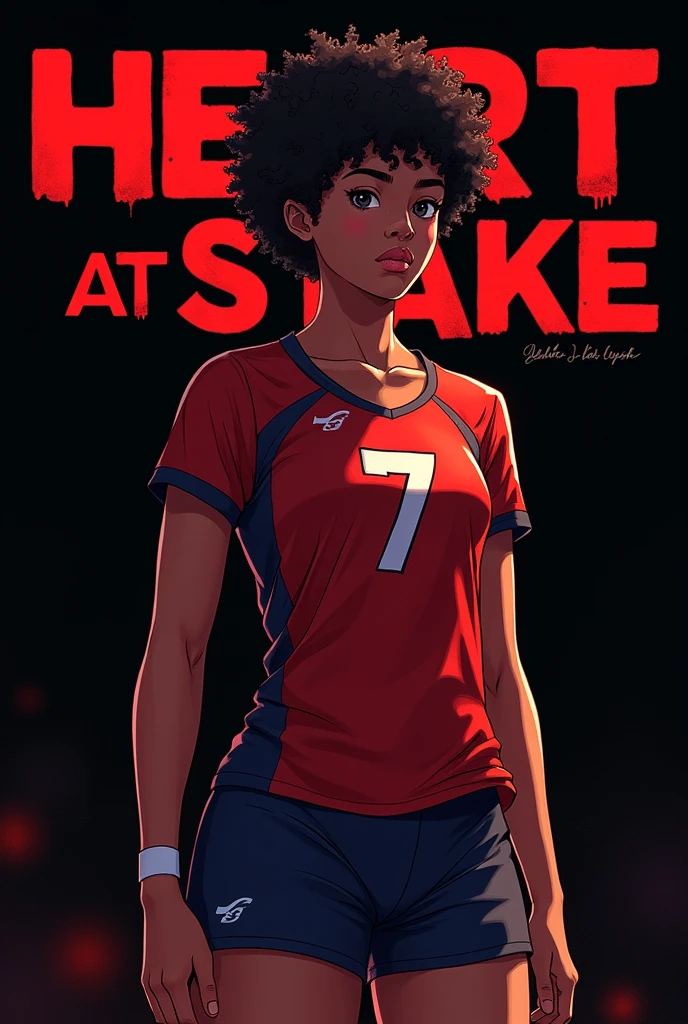 make a cover with a black teenage volleyball player with short curly hair with the title of "heart at stake" that shirt with number 7