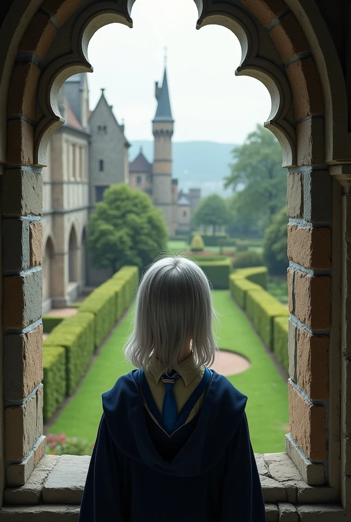Male Ravenclaw student, Caucasian, twelve years old, with long straight silver hair, with freckles and golden eyes, looking out over the gardens outside through a castle window.