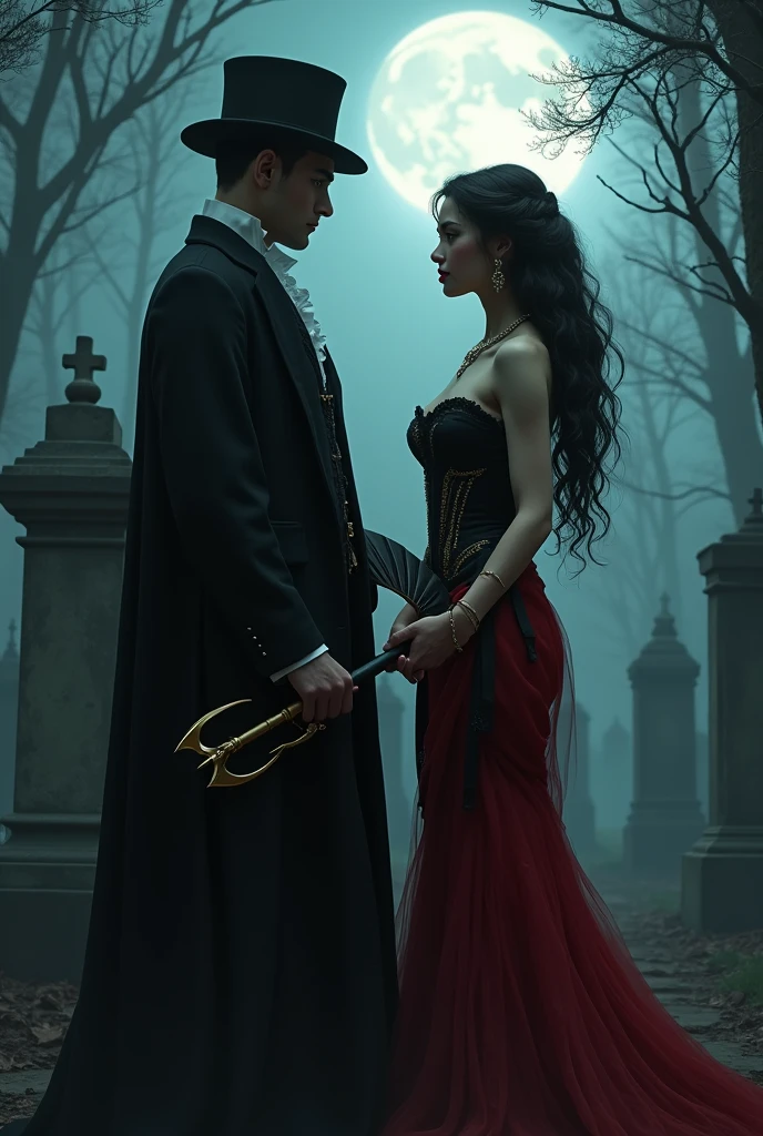 man in black robes from the 19th century, with top hat, a golden trident in his hand, next to a woman with long, wavy black hair, long red cabaret style skirt necklace and earrings, espartilho preto, a fan in hand in an ancient cemetery on a mysterious moonlit night