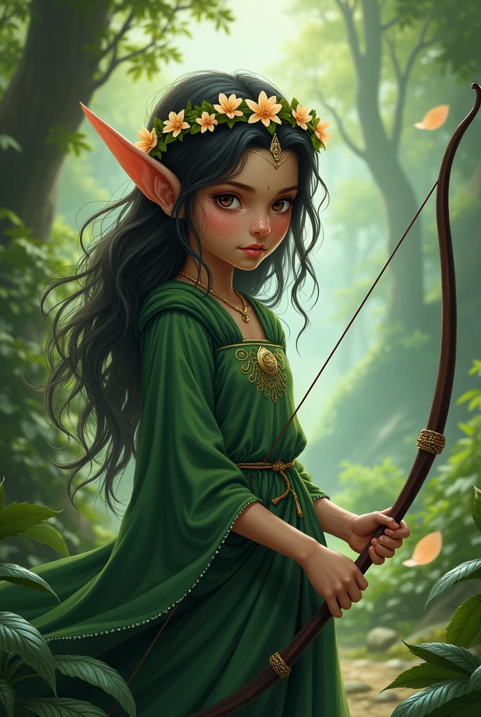 
A nature elf who is a little green with dark hair and brown eyes and shy who is a cleric with a bow and arrow and a flower tiara who believes in the god of water
