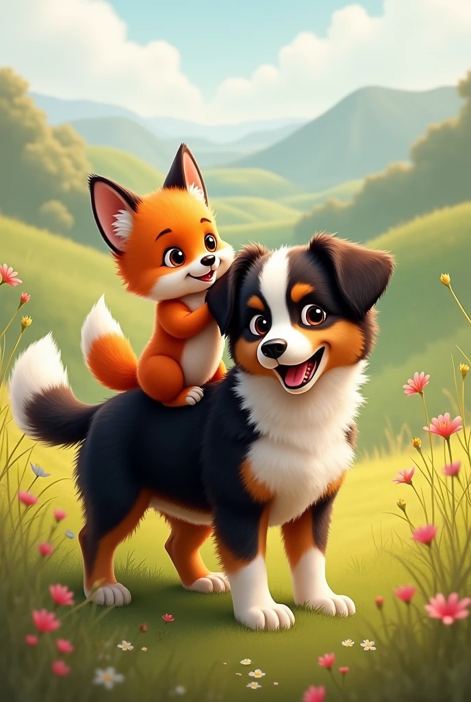 Create an image of a baby fox riding on an Australian Shepherd puppy