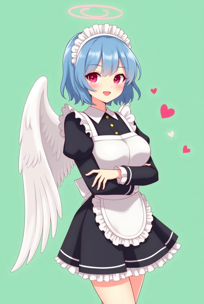 Maid cafe maid with short blue hair, Red eyes, a sensual and happy expression, age range between 18 and 26 years, with angel wings, black uniform, anime style completely in 2D, with pastel colors, with a completely flat and green background