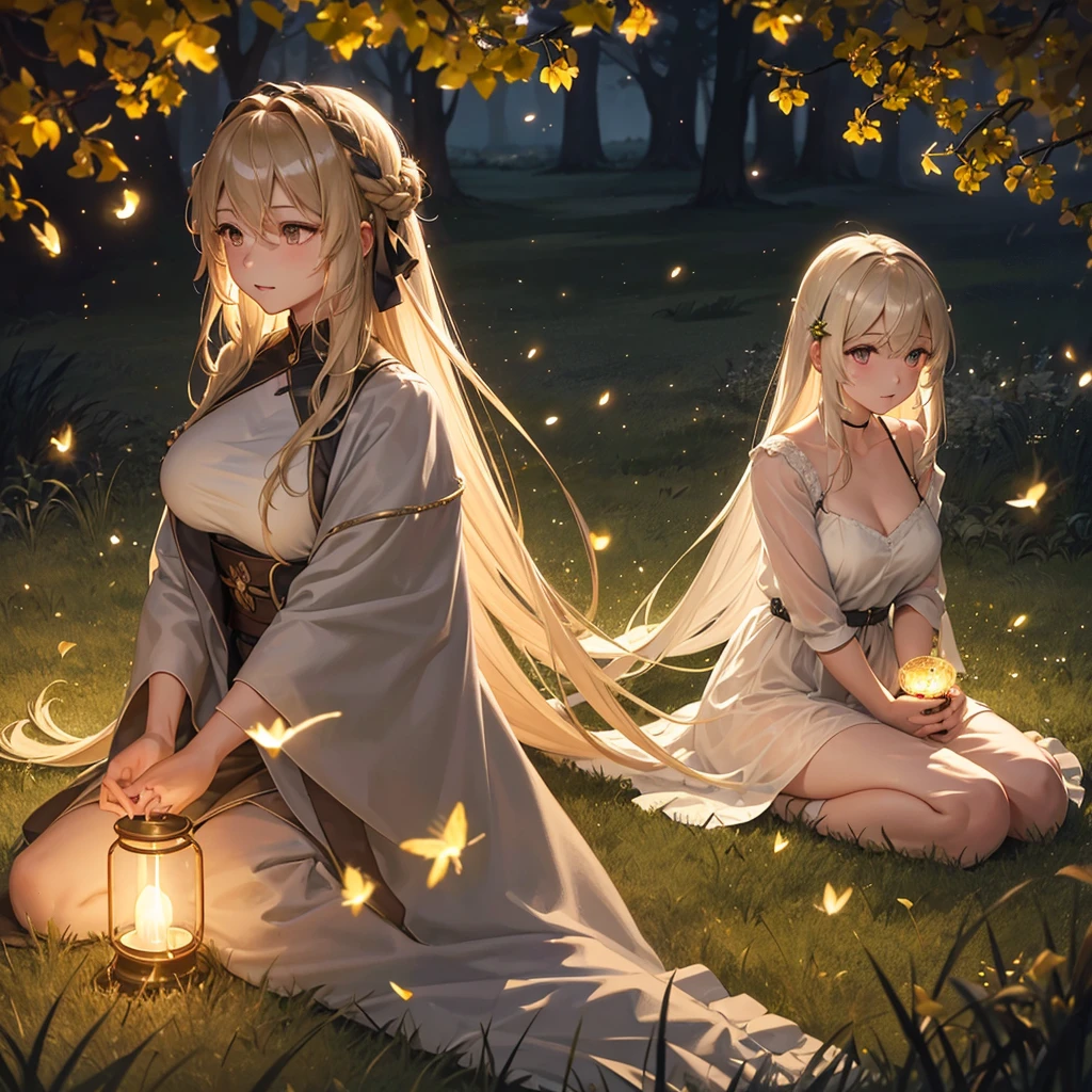 The fireflies of the grassland:
The fireflies that illuminate the grassland、Create a magical and enchanting atmosphere. The soft light that stands out against the dark background is captivating and romantic.One person, Long Hair, Large Breasts, High resolution, masterpiece, 