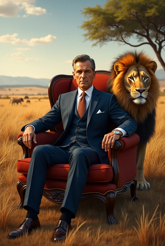 Its very rich savannah wears an elegant suit and sitting on a luxurious chair and beside a realistic Atlas lion, real, high precision details, complete picture as real reality