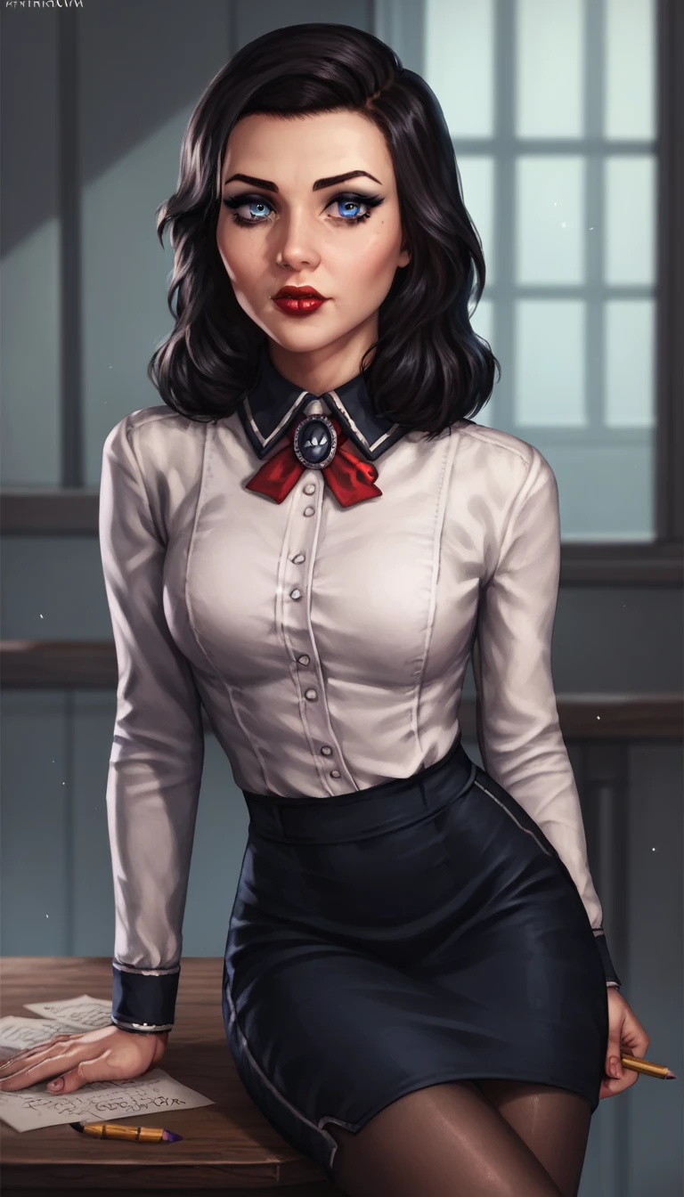 3l1z4b3th_bas, black hair, blue eyes, white shirt, pencil skirt, red lipstick, makeup, pantyhose, detailed face, smooth shading, beautiful eyes