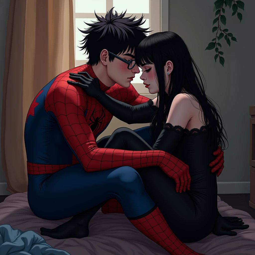 a 18 year old male, with fluffy hair and glasses wearing spiderman outfit, big bulge, he’s squatting down hugging a e-girl goth girl. He’s behind her