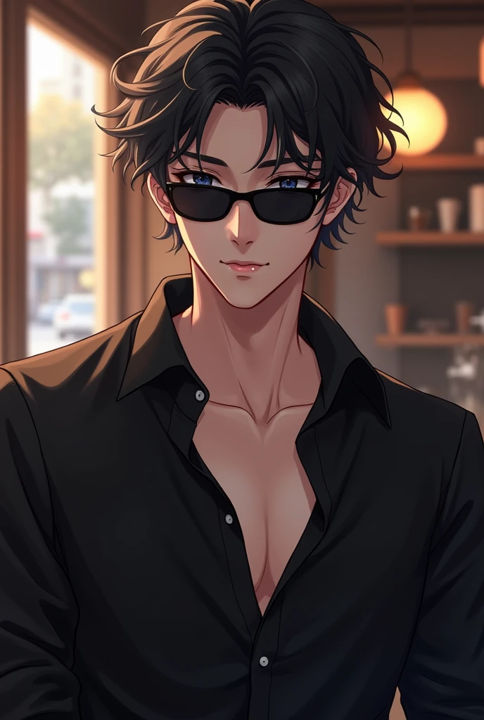 badass anime boy, White skin, very masculine, half muscular not so exaggerated, Korean style slanted eyes closed, with small all-black sunglasses, for coffee of course, black clothes, with a seductive expression