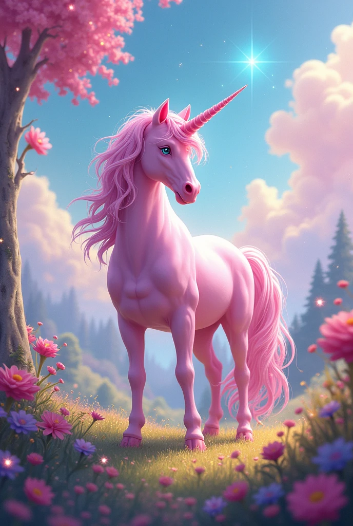 Pink unicorn rainbow landscape
