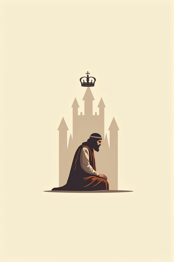 Logo minimalista de un rey salomon arrodillado, fondo un castillo,corona,pensamiento