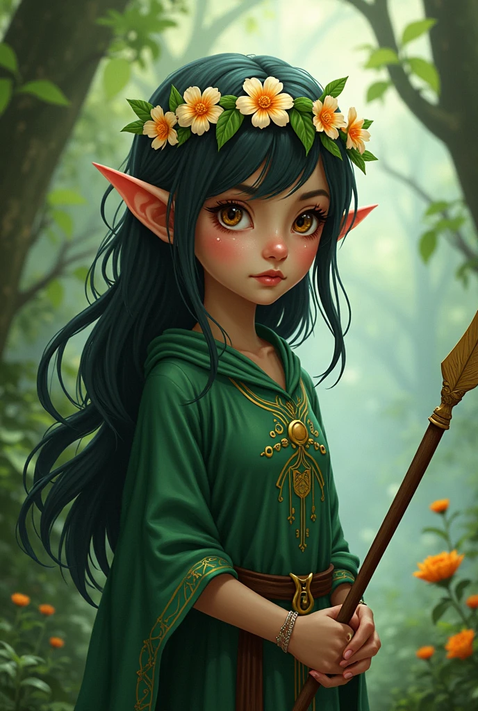 
A nature elf who is a little green with dark hair and brown eyes and shy who is a cleric with a bow and arrow and a flower tiara who believes in the god of water
