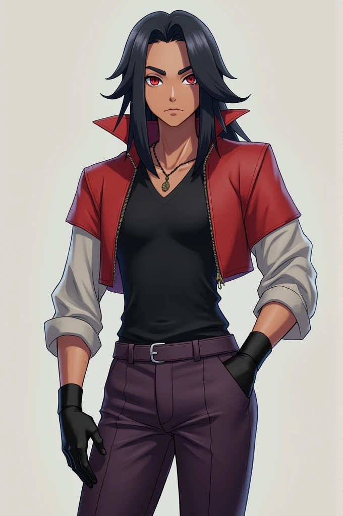 a tall boy, with long black and somewhat silky hair, his skin a little brown (like a dark pastel brown tone), blood red eyes with narrow pupils, a serious look and with a little beauty on his face (not much like a small one) ,a black shirt with a short red jacket with short white sleeves, black gloves, dark purple pants, black shoes, posing with his hands in his pockets, (and pokemon style)