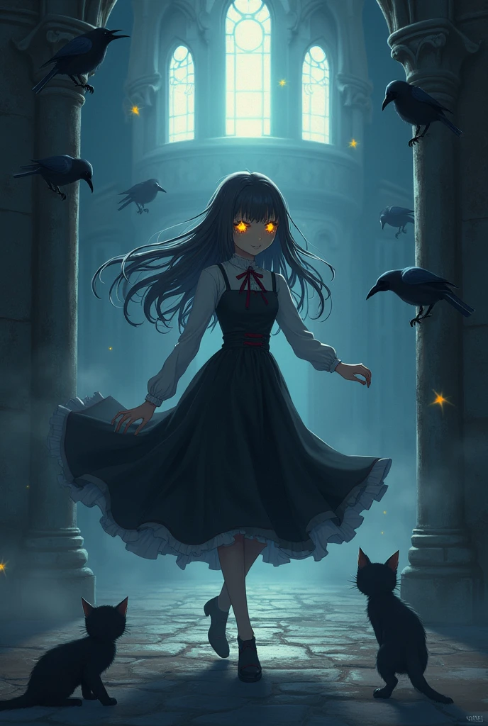 Anime girl in gothic dress is dancing in the middle of dark and mystical gothic castle. Her eyes are shining because there are bright yellow star shaped reflections in them. Nearby there are kittens who are playing with each other. On the background we can see several ravens sitting on the walls. Atmosphere of mystery. Girl’s eyes are shining as if she is very motivated and happy