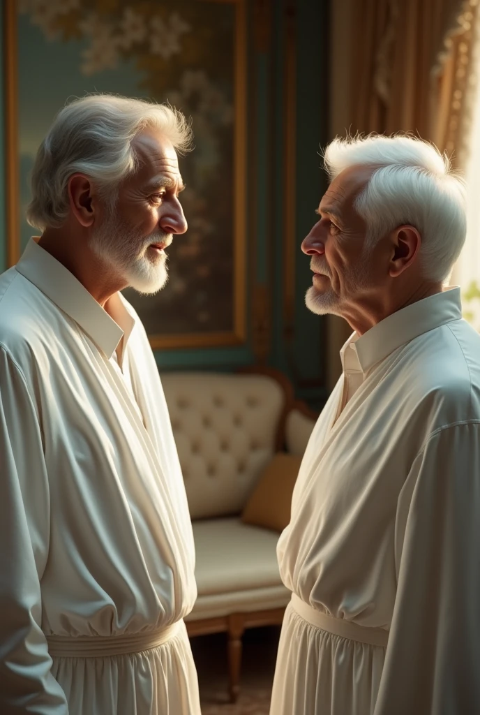 Create a hyper-realistic 8K scene inside a house, where two male angels, dressed in completely white clothes and without wings, are talking to an elderly man. The environment should be an elegant and detailed living room, with antique furniture, soft lighting and decorative elements that add a touch of comfort and richness to the space. Angels should be depicted with an ethereal and impressive appearance, wearing pristine white clothing that contrasts with their home environment. The elderly man, with an expression of surprise and respect, must be actively interacting with the angels, showing an attitude of admiration and curiosity. Use close-ups to capture the facial expressions and interactions between the man and the angels, highlighting the hyper-realistic quality of the scene. The lighting should highlight the contrast between the heavenly presence of the angels and the earthly environment of the house, creating an atmosphere that reinforces the importance and gravity of the meeting. The goal is to create a detailed and immersive image that conveys the depth of dialogue and transcendent interaction.